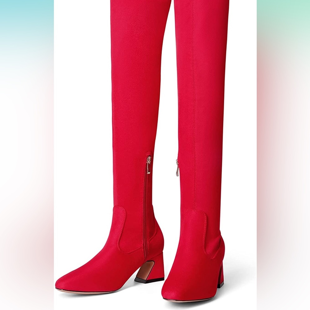 Red knee high suede boots